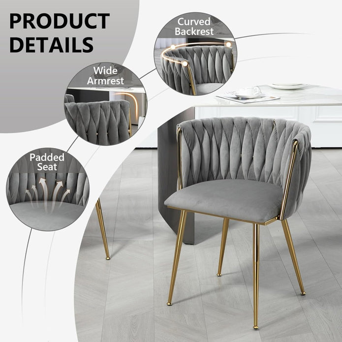 SERENITà Grey Modern Hand Weaving Dining Chairs,Velvet Upholstered Side Chairs with Gold Legs, Chic Vanity Chairs with Armrest, Accent Chair for Dining Room, and Cafe Set of 2