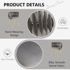 SERENITà Grey Modern Hand Weaving Dining Chairs,Velvet Upholstered Side Chairs with Gold Legs, Chic Vanity Chairs with Armrest, Accent Chair for Dining Room, and Cafe Set of 2