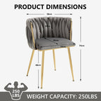 SERENITà Grey Modern Hand Weaving Dining Chairs,Velvet Upholstered Side Chairs with Gold Legs, Chic Vanity Chairs with Armrest, Accent Chair for Dining Room, and Cafe Set of 2
