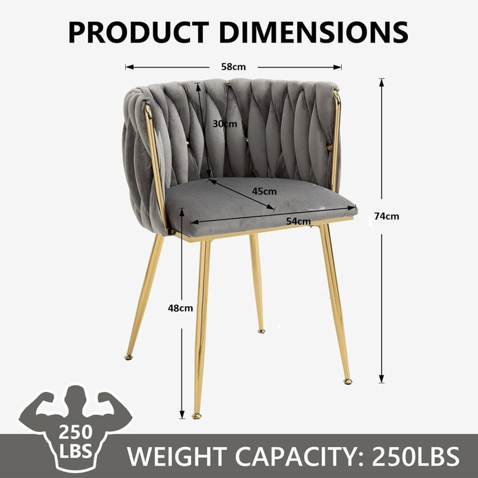 SERENITà Grey Modern Hand Weaving Dining Chairs,Velvet Upholstered Side Chairs with Gold Legs, Chic Vanity Chairs with Armrest, Accent Chair for Dining Room, and Cafe Set of 2
