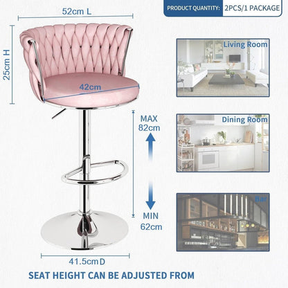 SERENITà Modern Silver Swivel Upholstered Velvet Adjustable Height Counter Stool with Metal Frame Pink (Set of 2)