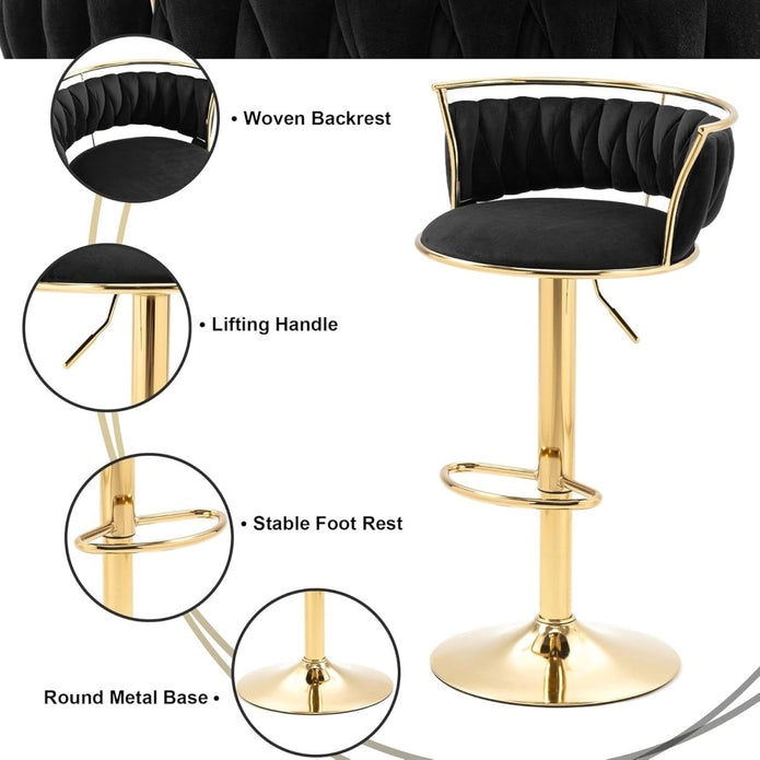 SERENITà Golden Swivel Upholstered Velvet Adjustable Height Counter Stool with Metal Frame Black (Set of 2)