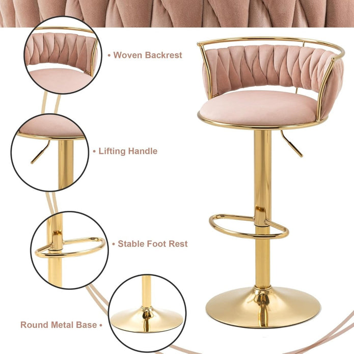 SERENITà Golden Swivel Upholstered Velvet Adjustable Height Counter Stool with Metal Frame Pink (Set of 2)