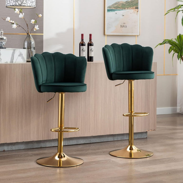 SERENITà Swivel Bar Stools Bar Height Set of 2 Adjustable Upholstered Counter Barstool Velvet Bar Chairs with Back/Gold Base for Kitchen Island/Bar/Cafe-Emerald Green