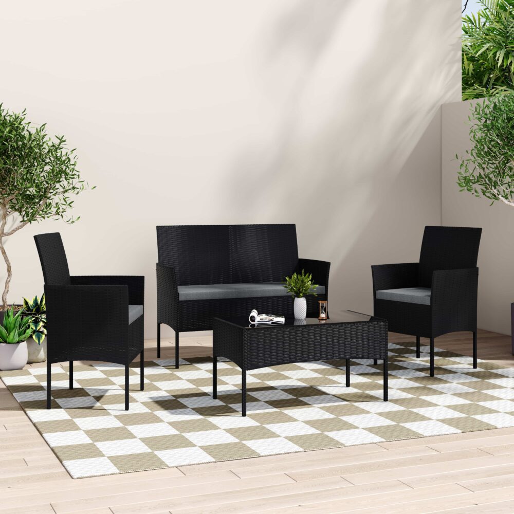 4 Seater Wicker Outdoor Lounge Set-Black