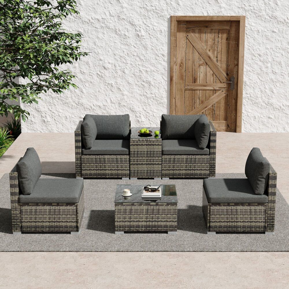 Outdoor Modular Lounge Sofa with Wicker End Table Set