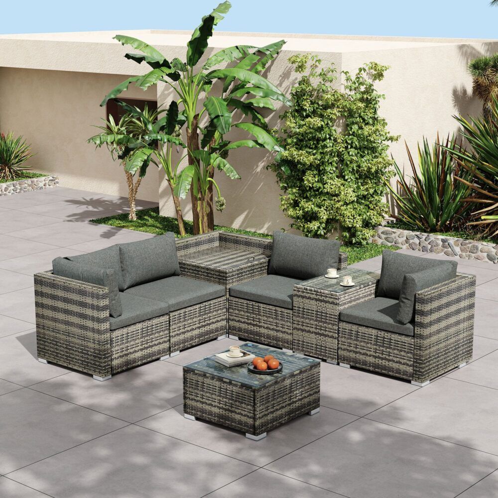 7PC Outdoor Wicker Lounge with Storage Corner (Grey)