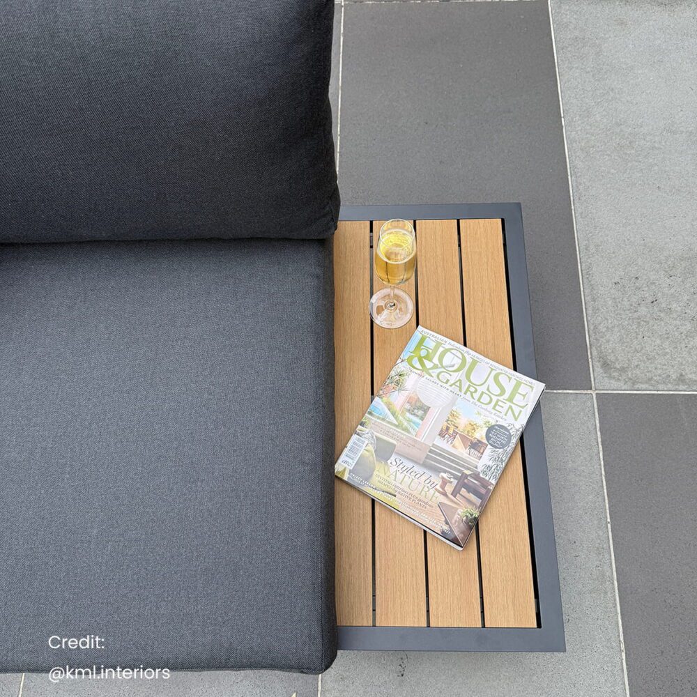 Modern Outdoor 7 Piece Lounge Set with Slatted Polywood Design Tables