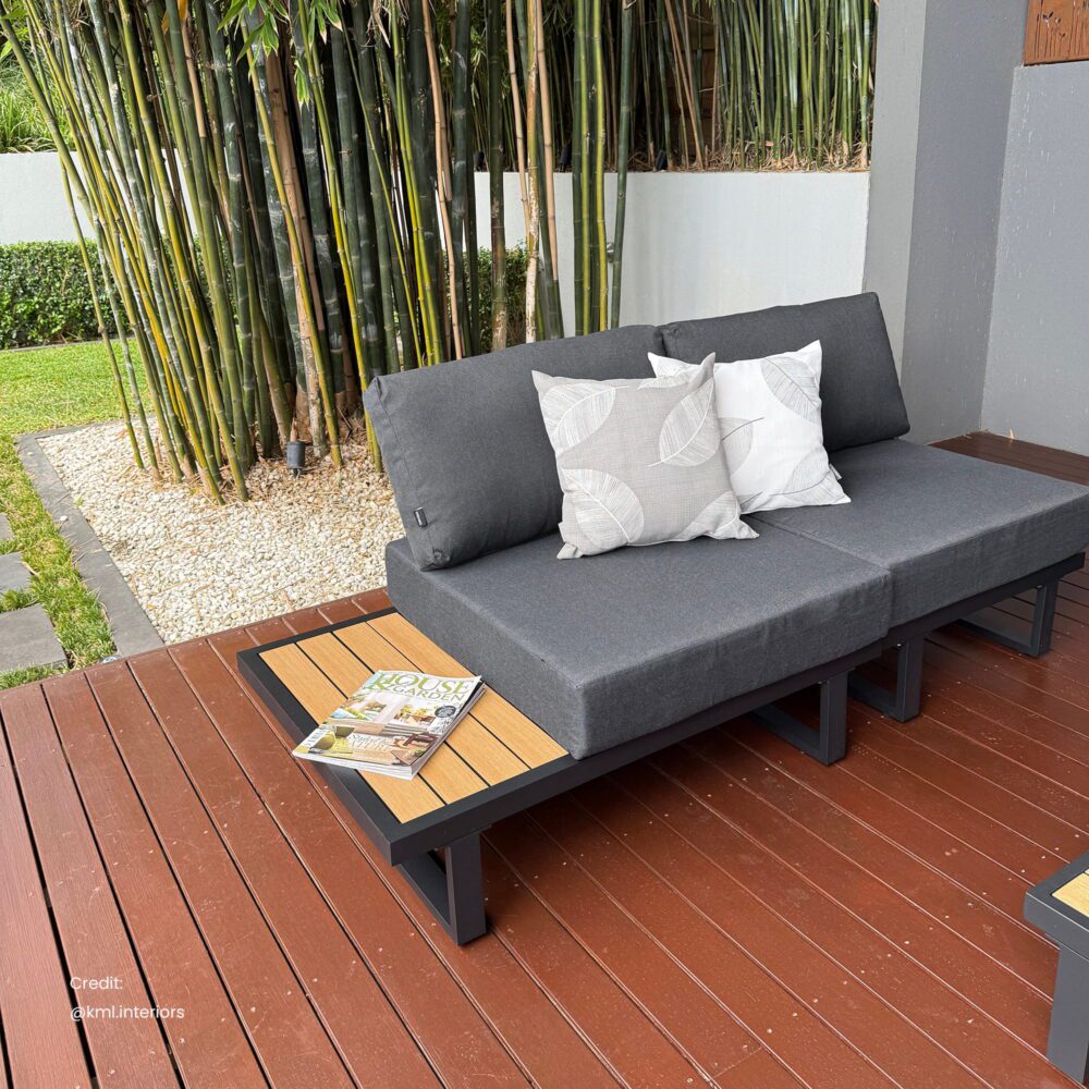 Modern Outdoor 7 Piece Lounge Set with Slatted Polywood Design Tables
