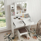 Diana Vanity Set with Shelves Cushioned Stool and Lighted Mirror- White