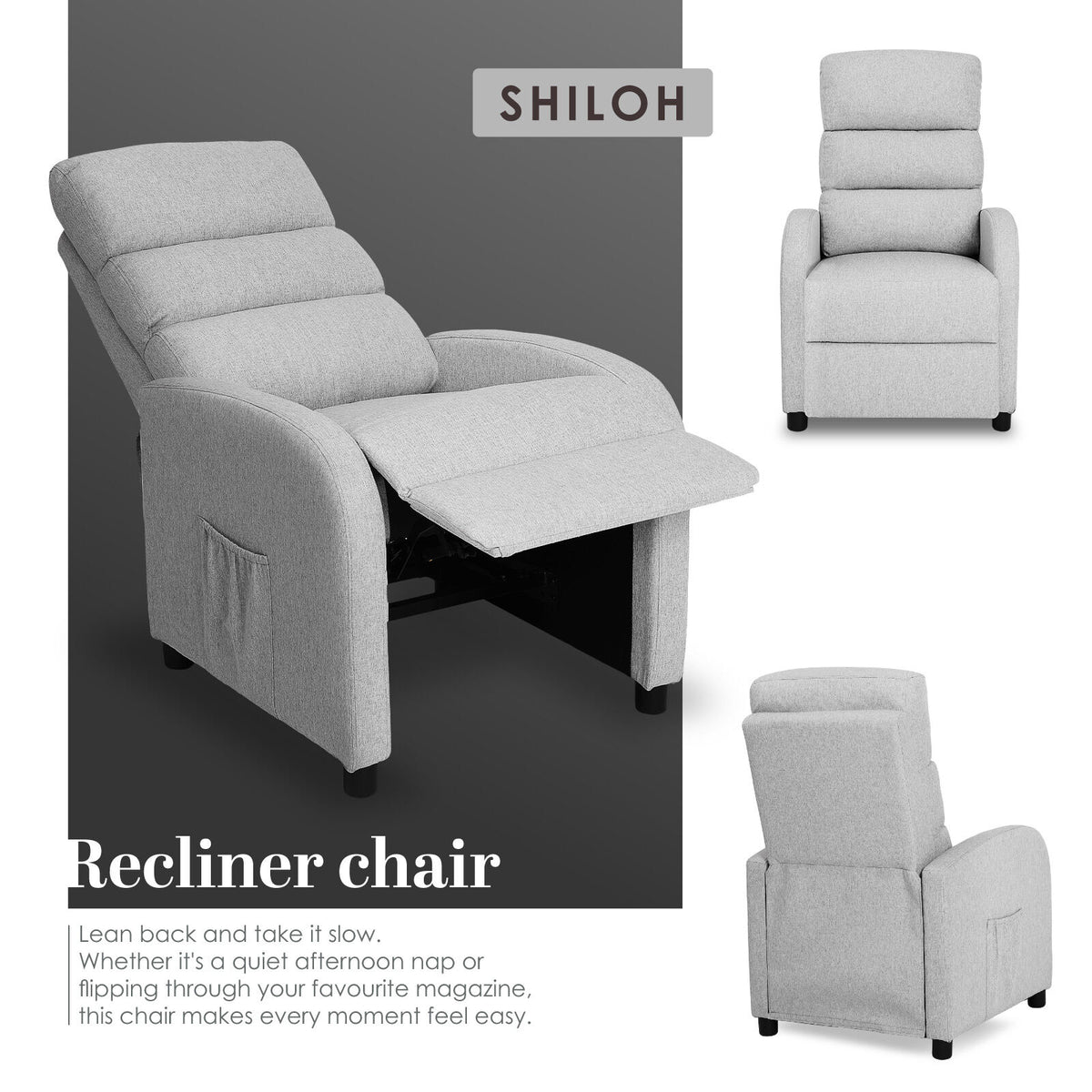 Home Recliner Chair - Linen Fabric Sofa Lounge Armchair SHILOH GREY