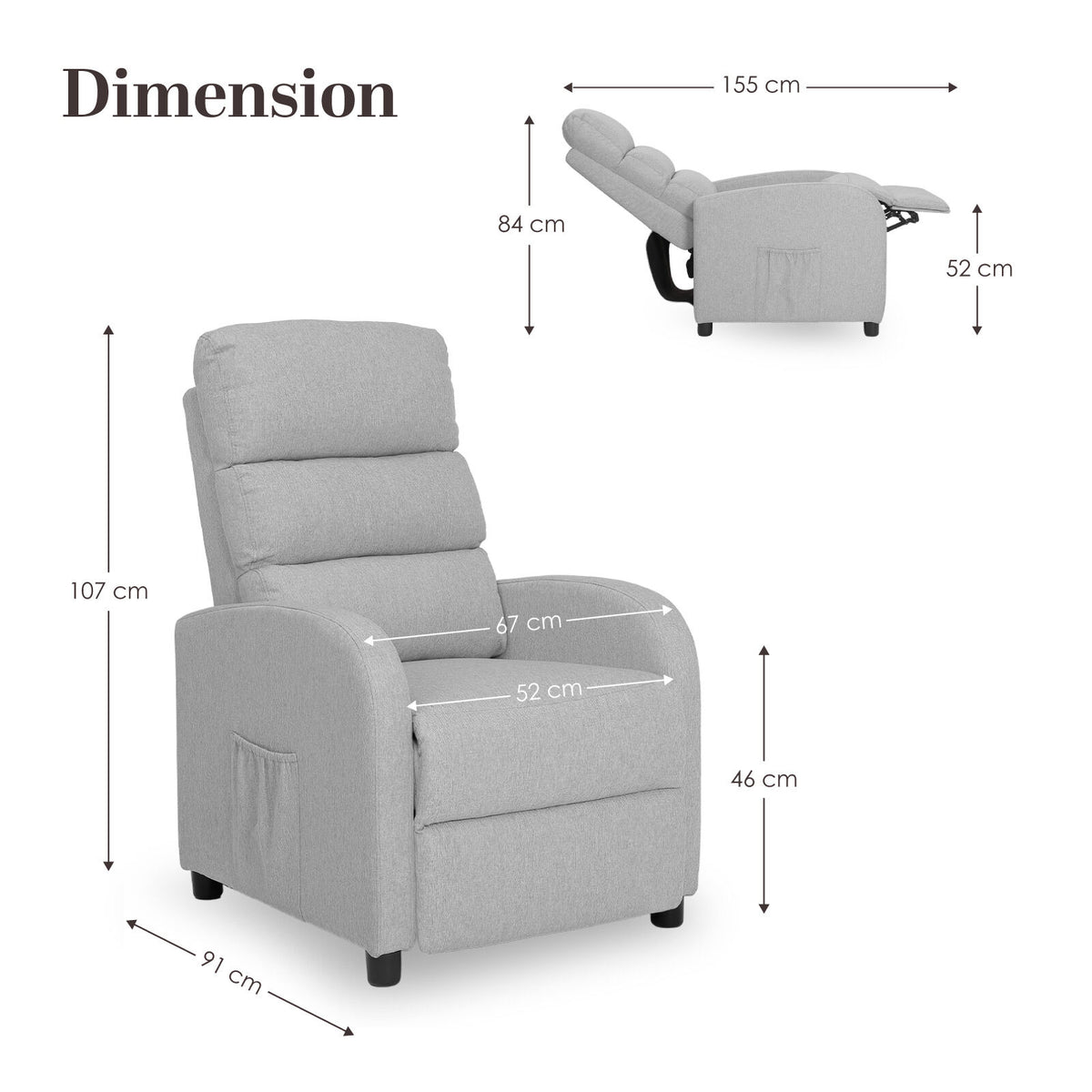 Home Recliner Chair - Linen Fabric Sofa Lounge Armchair SHILOH GREY