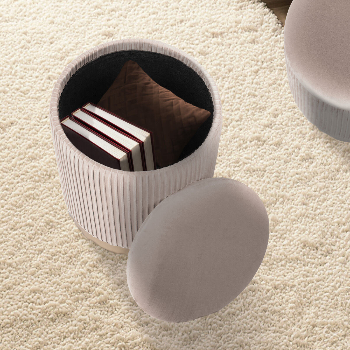 2X Side Table Storage Ottoman - Velvet Stool MIRA Cream