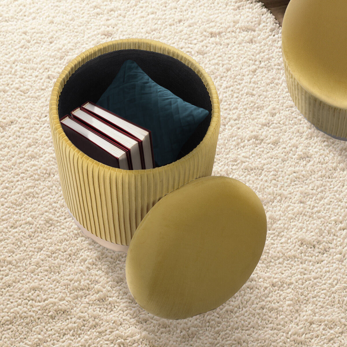 2X Side Table Storage Ottoman - Velvet Stool MIRA Mustard