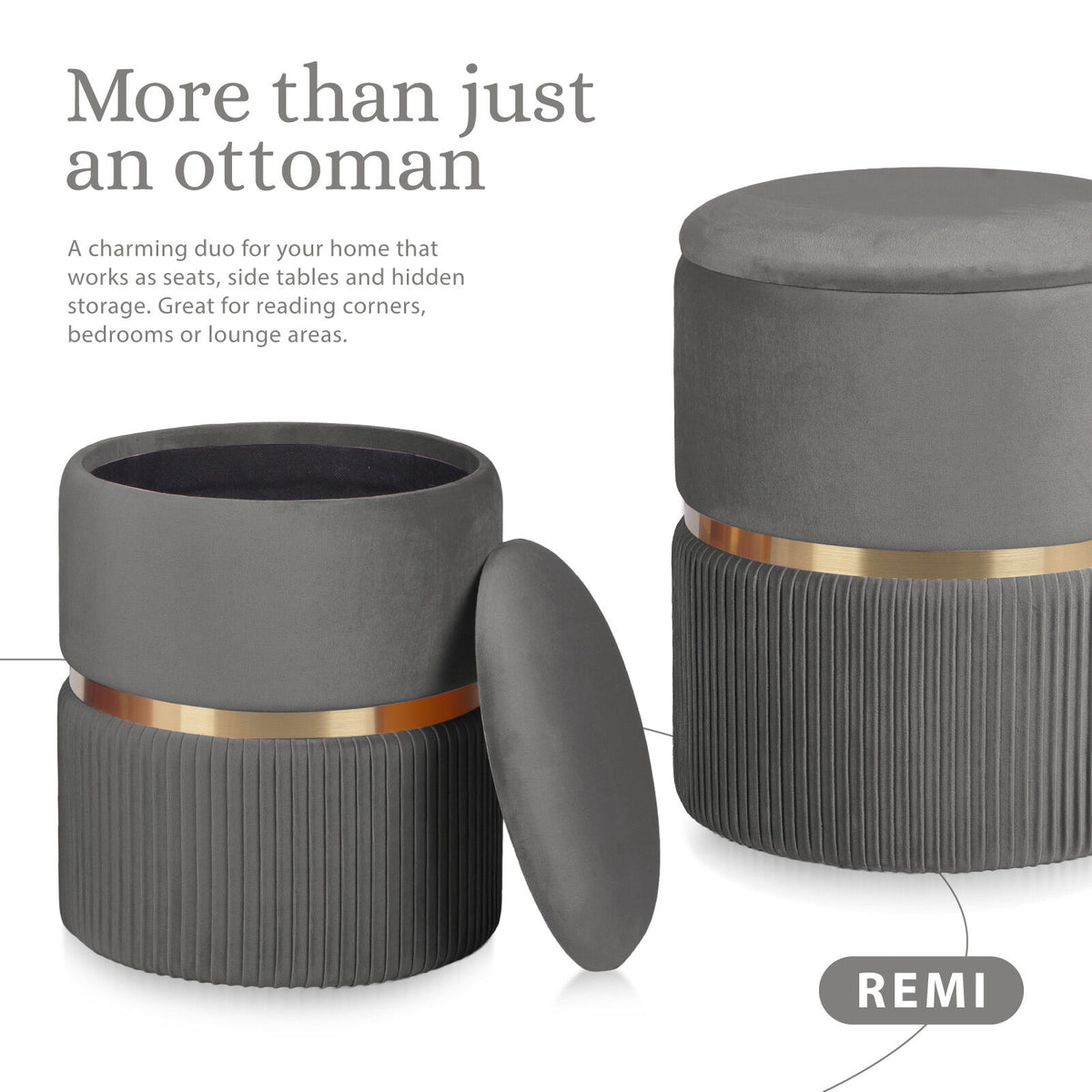 2X Side Table Storage Ottoman - Velvet Padded Stool Vanity Footstool REMI GREY