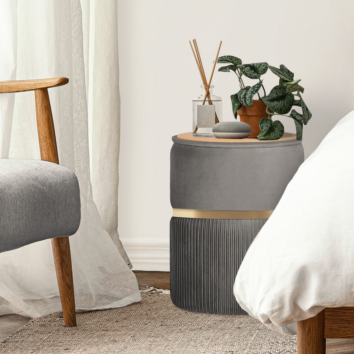 2X Side Table Storage Ottoman - Velvet Padded Stool Vanity Footstool REMI GREY