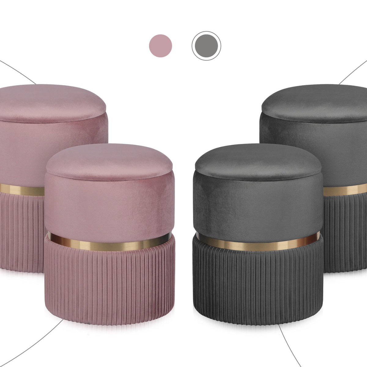 2X Side Table Storage Ottoman - Velvet Padded Stool Vanity Footstool REMI GREY