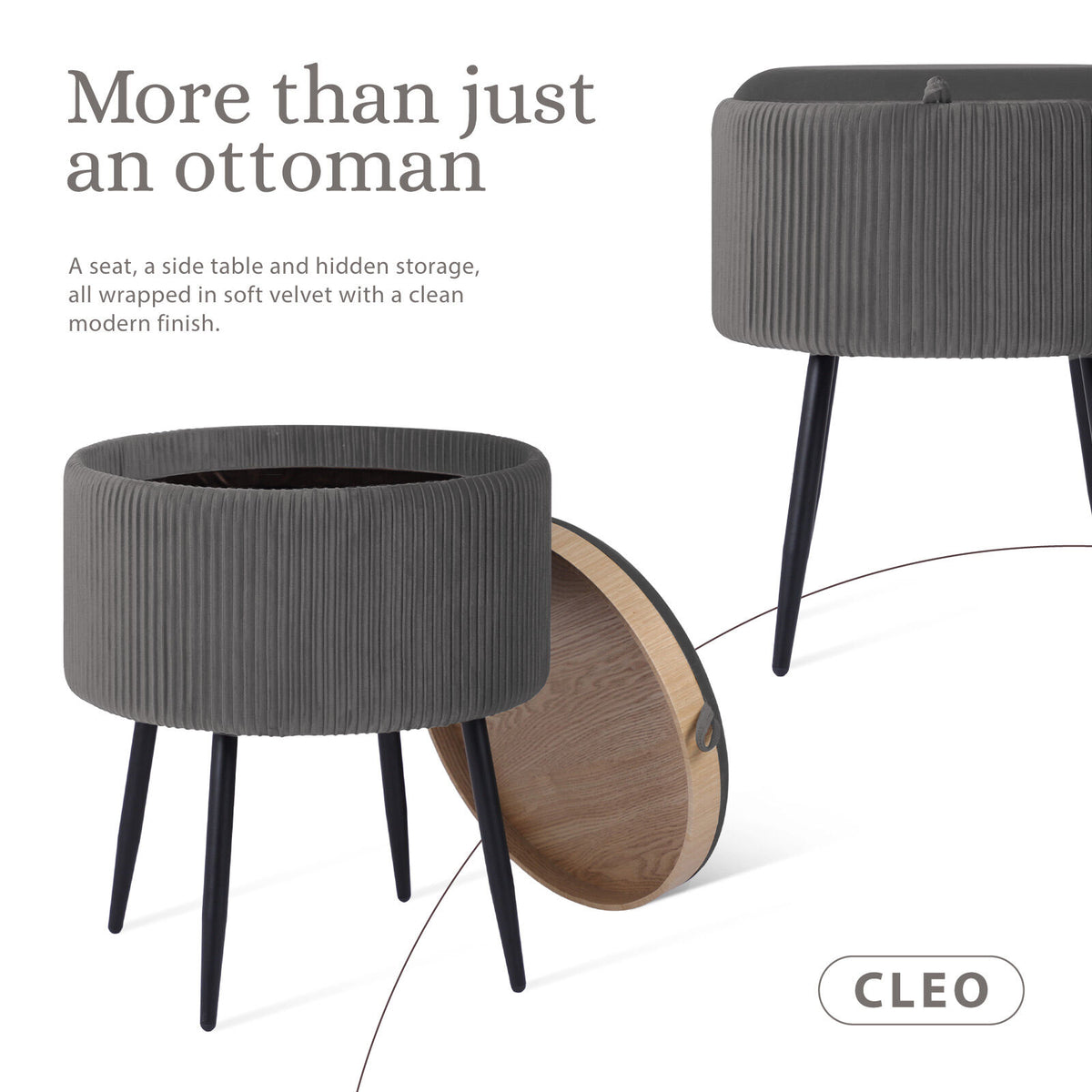 Side Table Storage Ottoman - Velvet Padded Stool Vanity Footstool CLEO GREY