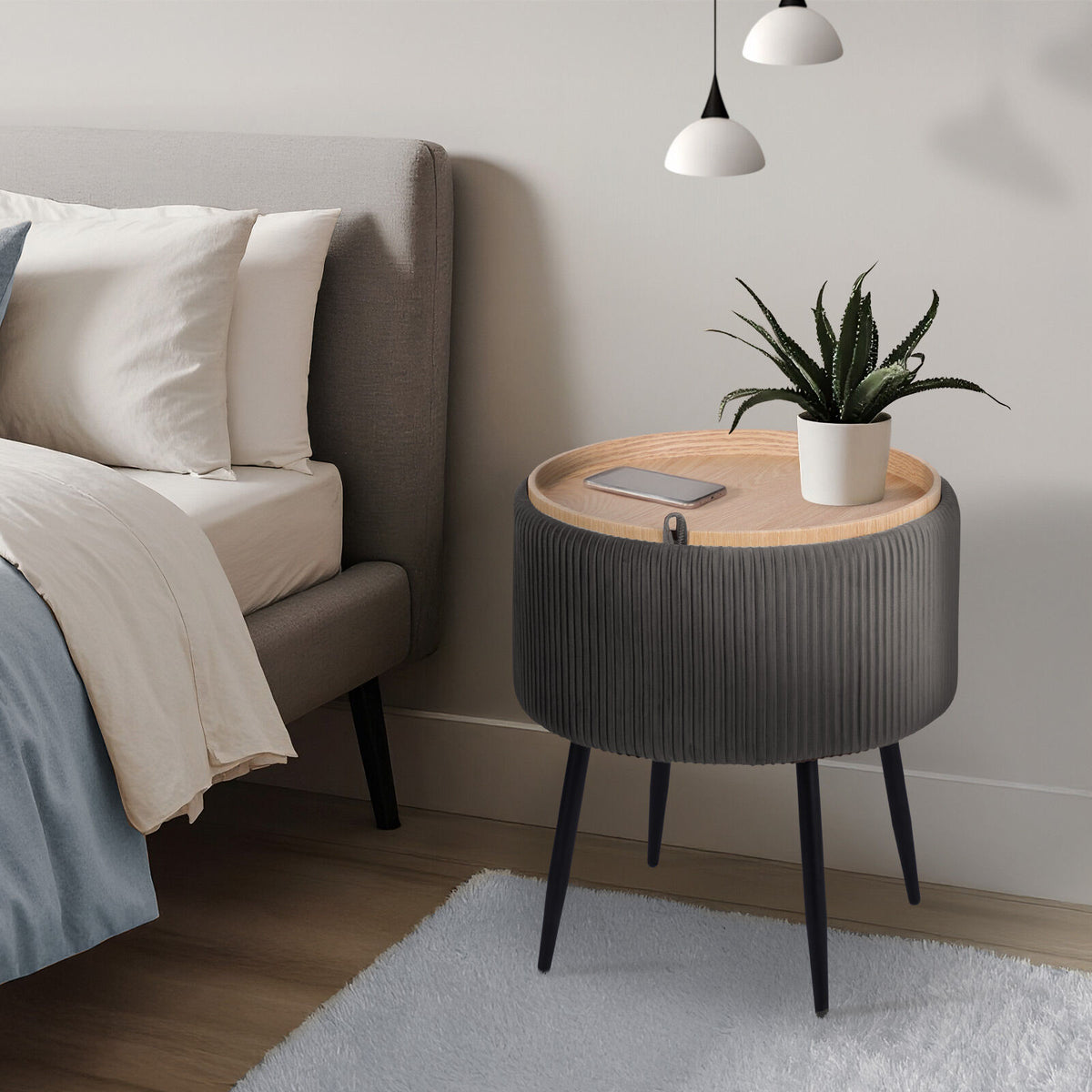 Side Table Storage Ottoman - Velvet Padded Stool Vanity Footstool CLEO GREY