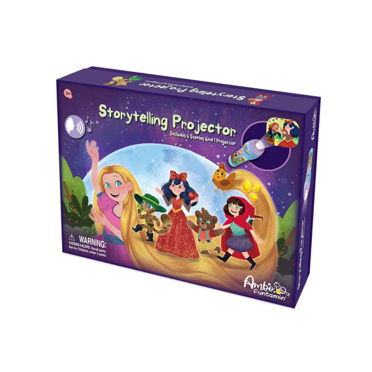 Storytelling projector packaging with animated characters on a white background