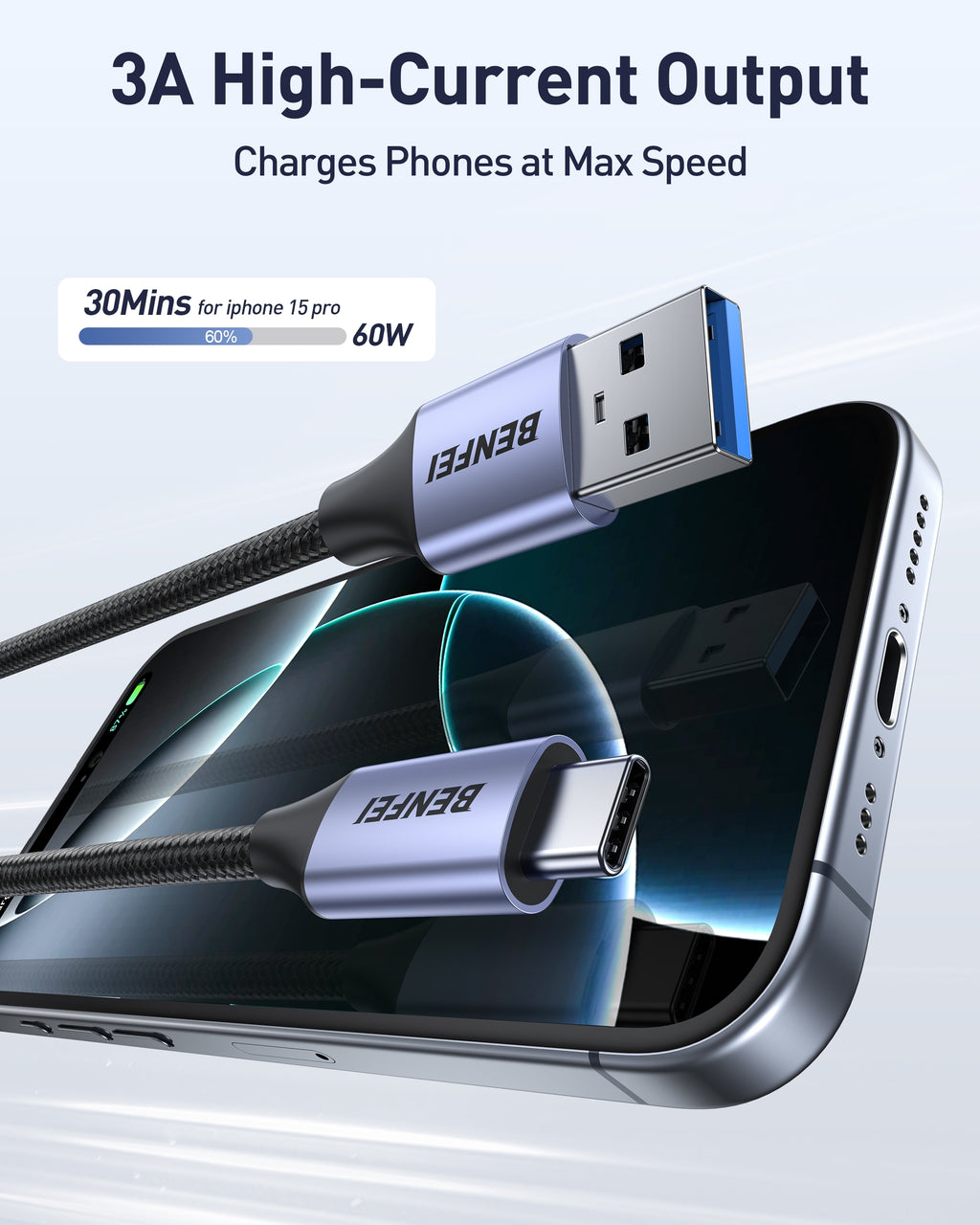 BENFEI 369GY 3M USB 3.0 to USB C Cable, 5Gbps High-Speed Data Sync & 3A Charging