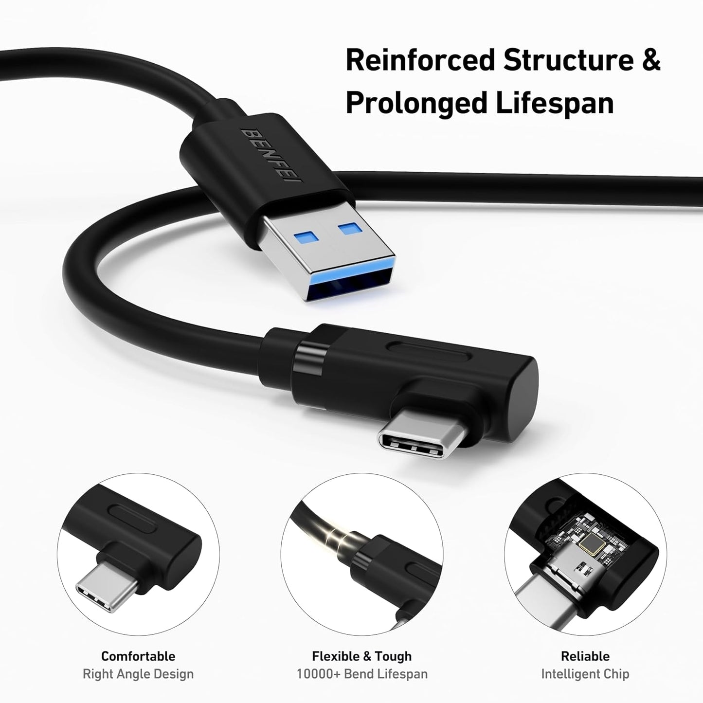 BENFEI 375BK-1M USB 3.0 to Right Angled USB-C PVC 1M