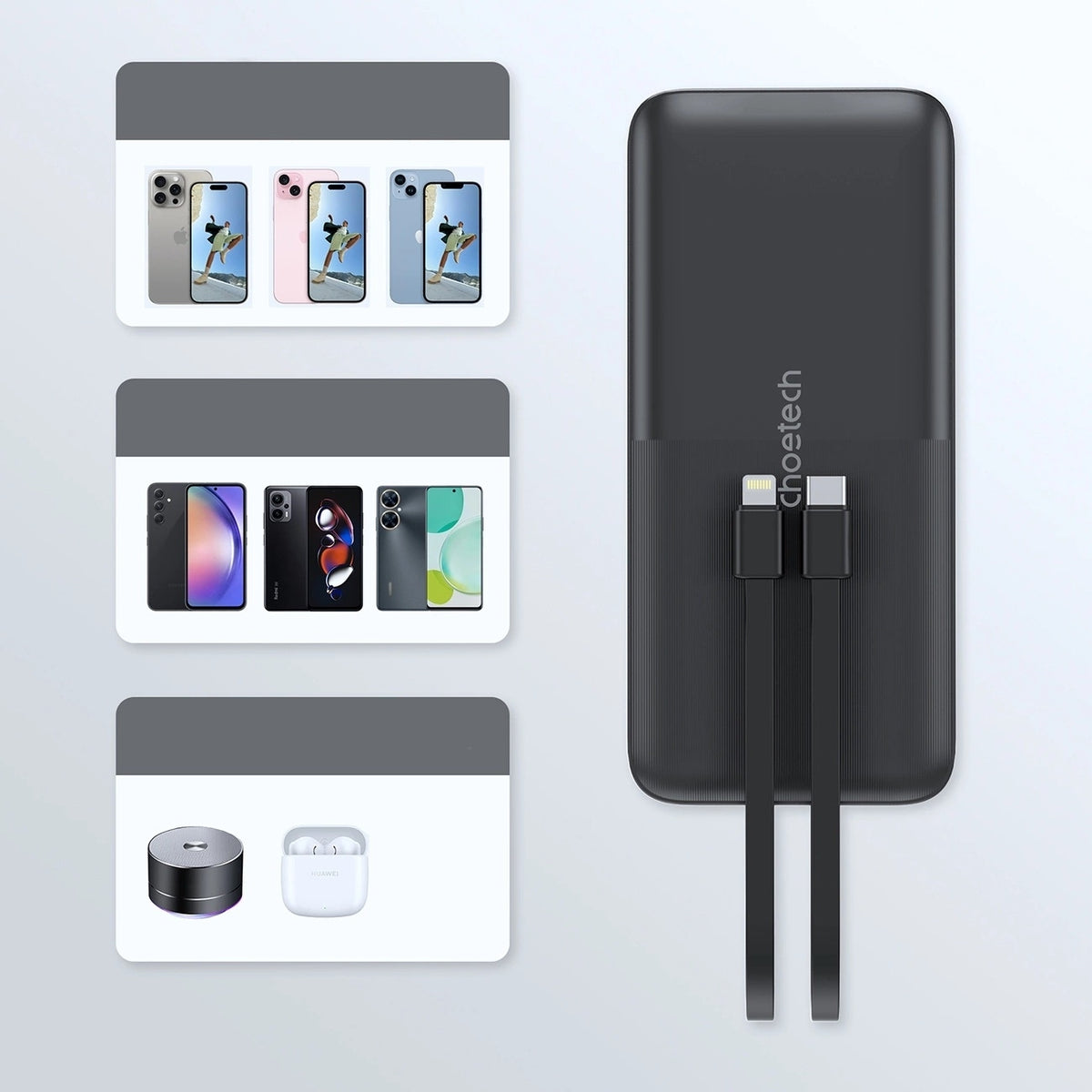 CHOETECH B654 10000mAh Pwer Bank 22.5W USB-A / USB-C / micro USB with built-in USB-C / Lightning cable - black