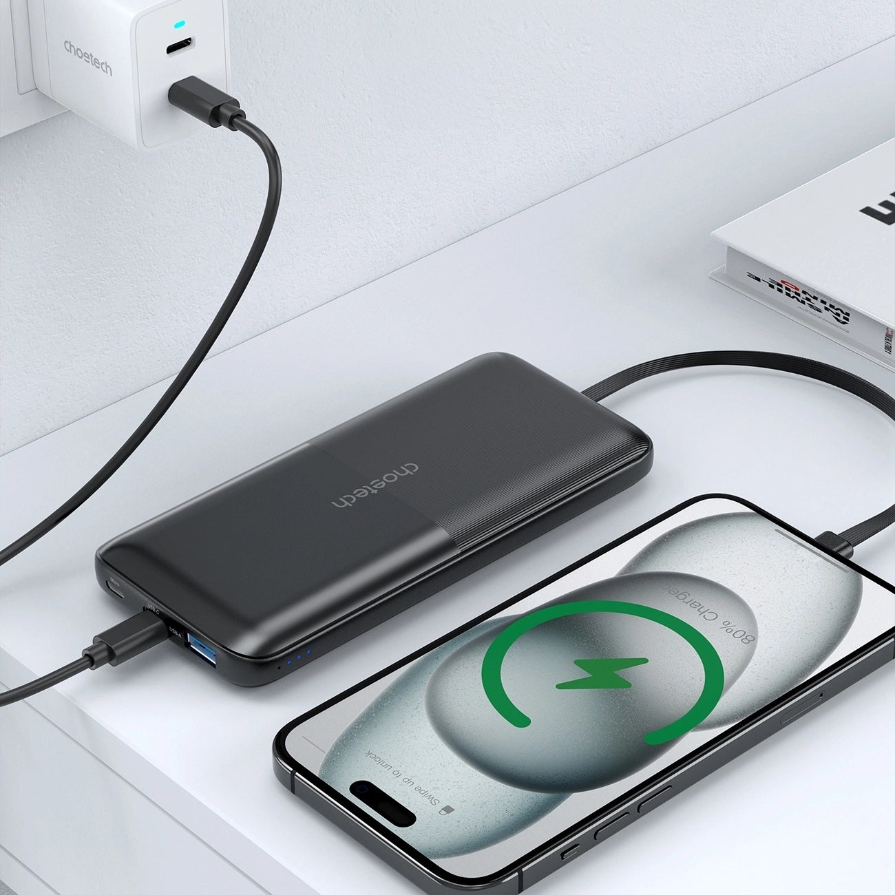 CHOETECH B654 10000mAh Pwer Bank 22.5W USB-A / USB-C / micro USB with built-in USB-C / Lightning cable - black
