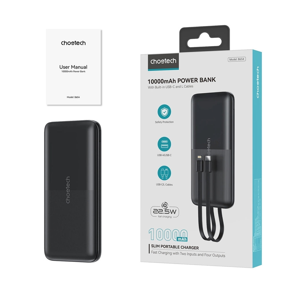 CHOETECH B654 10000mAh Pwer Bank 22.5W USB-A / USB-C / micro USB with built-in USB-C / Lightning cable - black