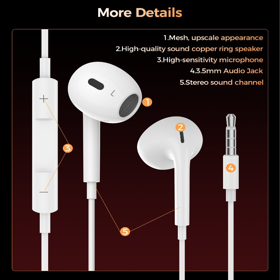 Choetech OC-A016 3.5mm lateral in ear Stereo sound Wired Headphones White