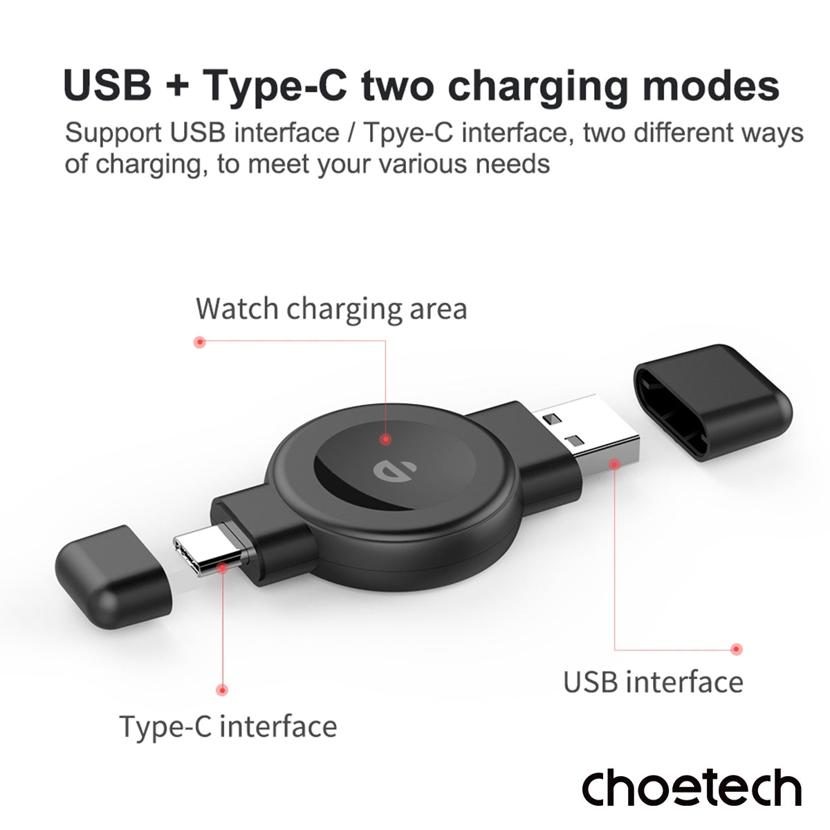 CHOETECH T606-F USB-A +USB-C Magnetic Charger for Samsung & Apple Watch