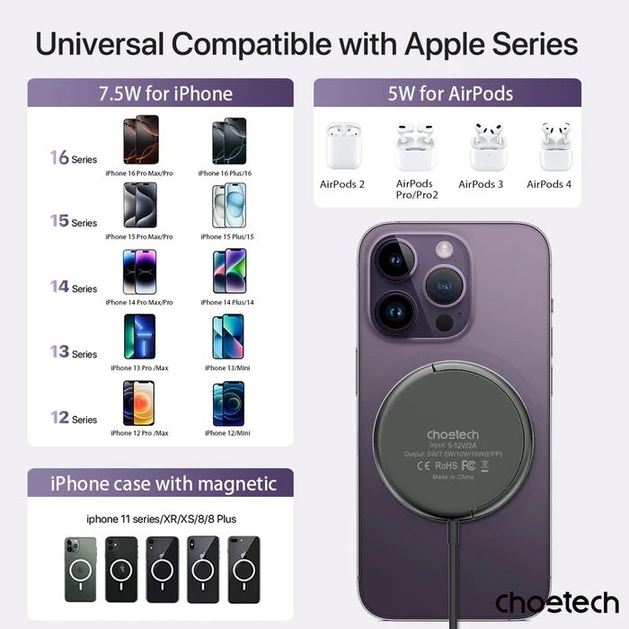 CHOETECH T697-F 15W/7.5W/5W magnetic charger for iPhone, Air Pods and more 1.5M Black