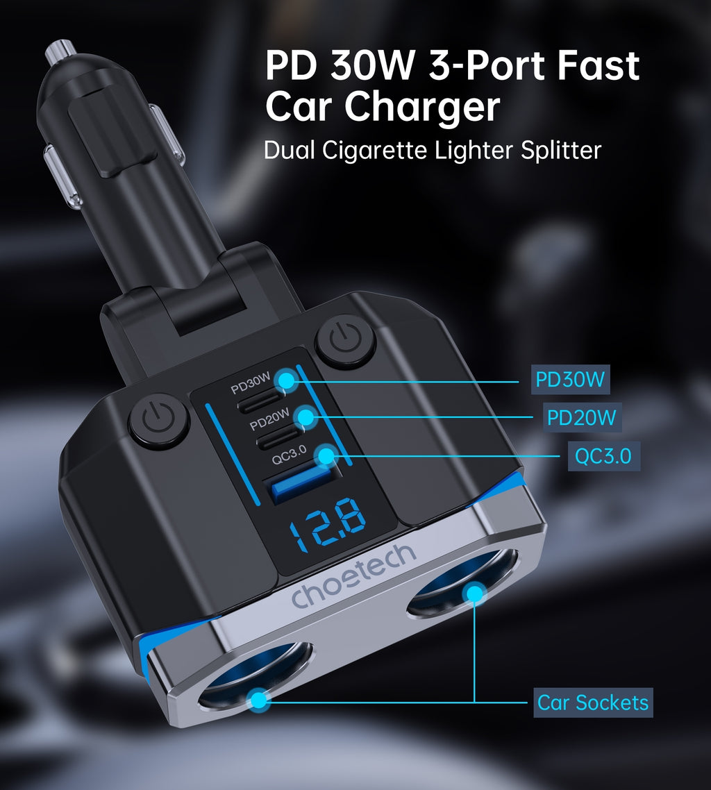 CHOETECH TC0020 45W 2 Sockets + 2x USB-C + 1x USB-A Cigarette Lighter Splitter