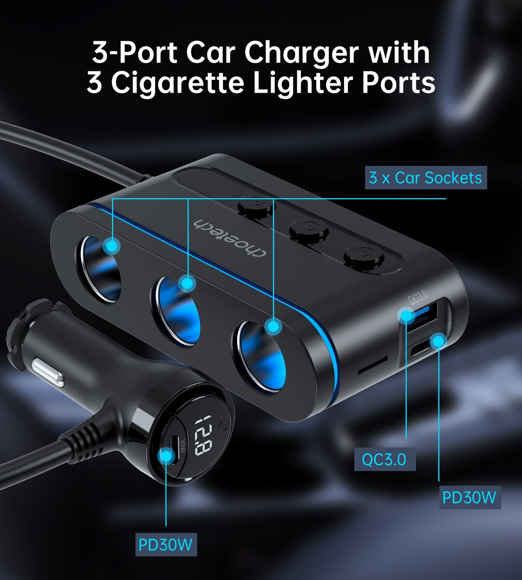 CHOETECH TC0021 3 Sockets 2C+1A Cigarette Lighter Splitter Black