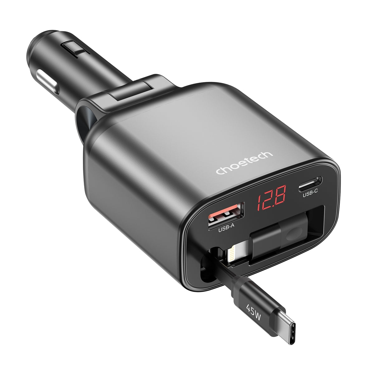 CHOETECH TC0033 105W USB-C+USB-A Fast car charger with Stretchable USB-C + Lightning cables