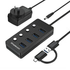 Simplecom CH345C SuperSpeed USB-A and USB-C to 4-Port USB 3.0 Hub 5Gbps Individual Switches and Power Adapter
