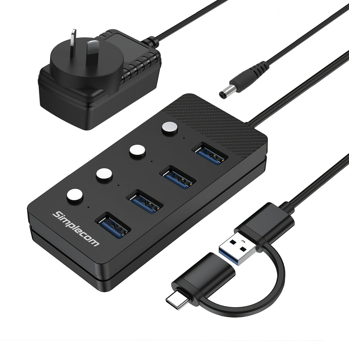 Simplecom CH345C SuperSpeed USB-A and USB-C to 4-Port USB 3.0 Hub 5Gbps Individual Switches and Power Adapter