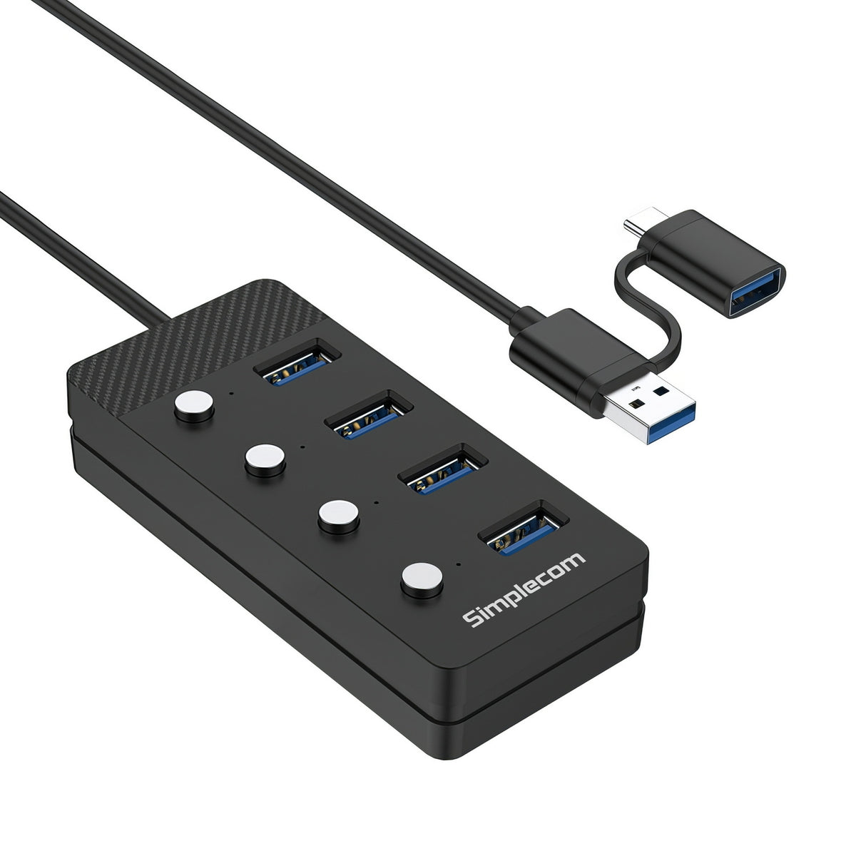 Simplecom CH345C SuperSpeed USB-A and USB-C to 4-Port USB 3.0 Hub 5Gbps Individual Switches and Power Adapter