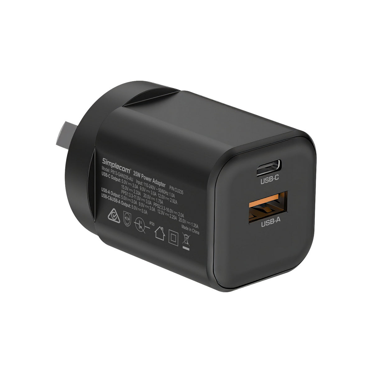 Simplecom CU235 Dual Port PD 35W Fast Wall Charger USB-C + USB-A for Phone Tablet