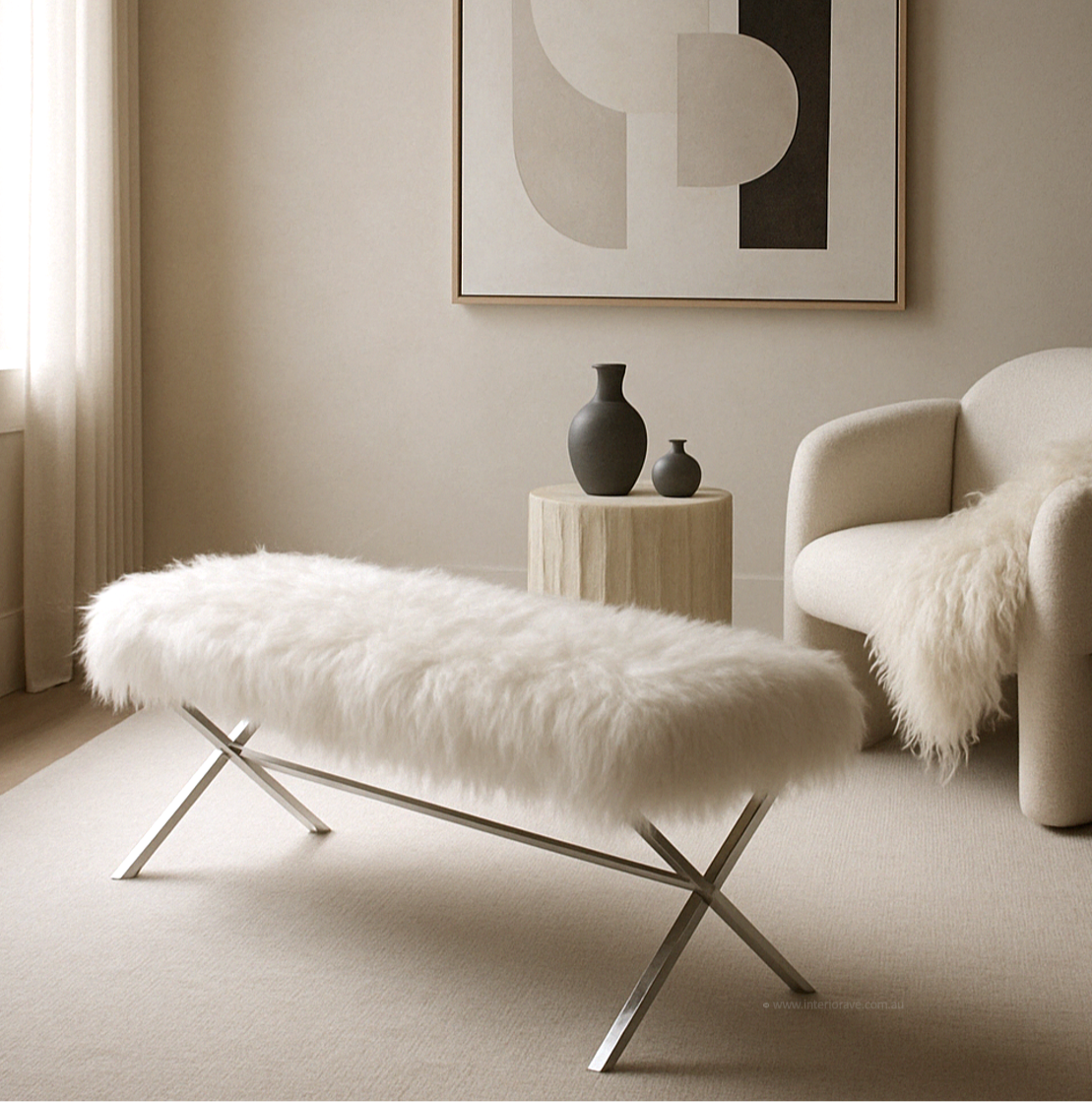 Interior Ave - Oxley Fur Bench - White & Silver