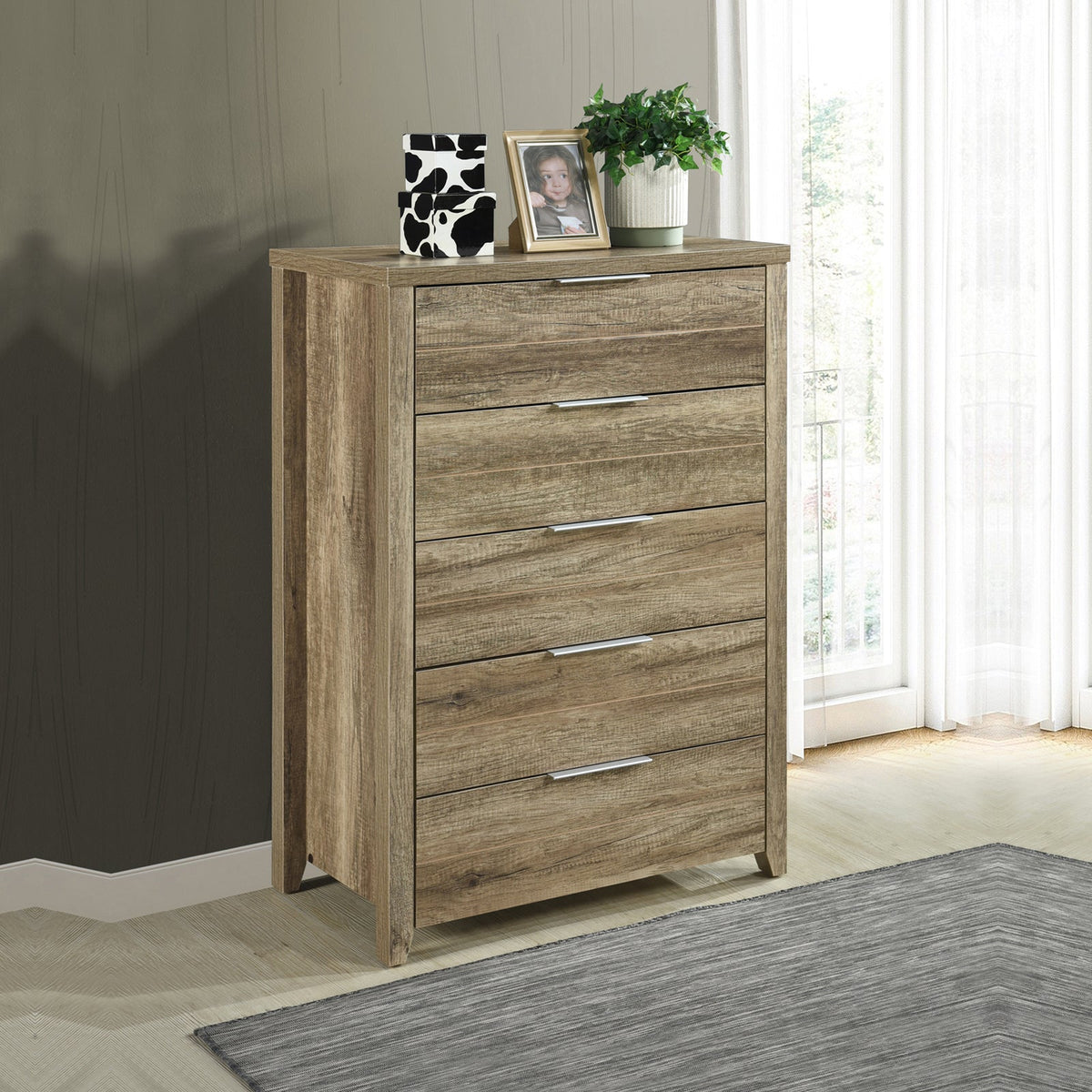 4 Pieces Bedroom Suite Natural Wood Like MDF Structure Double Size Oak Colour Bed, Bedside Table & Tallboy