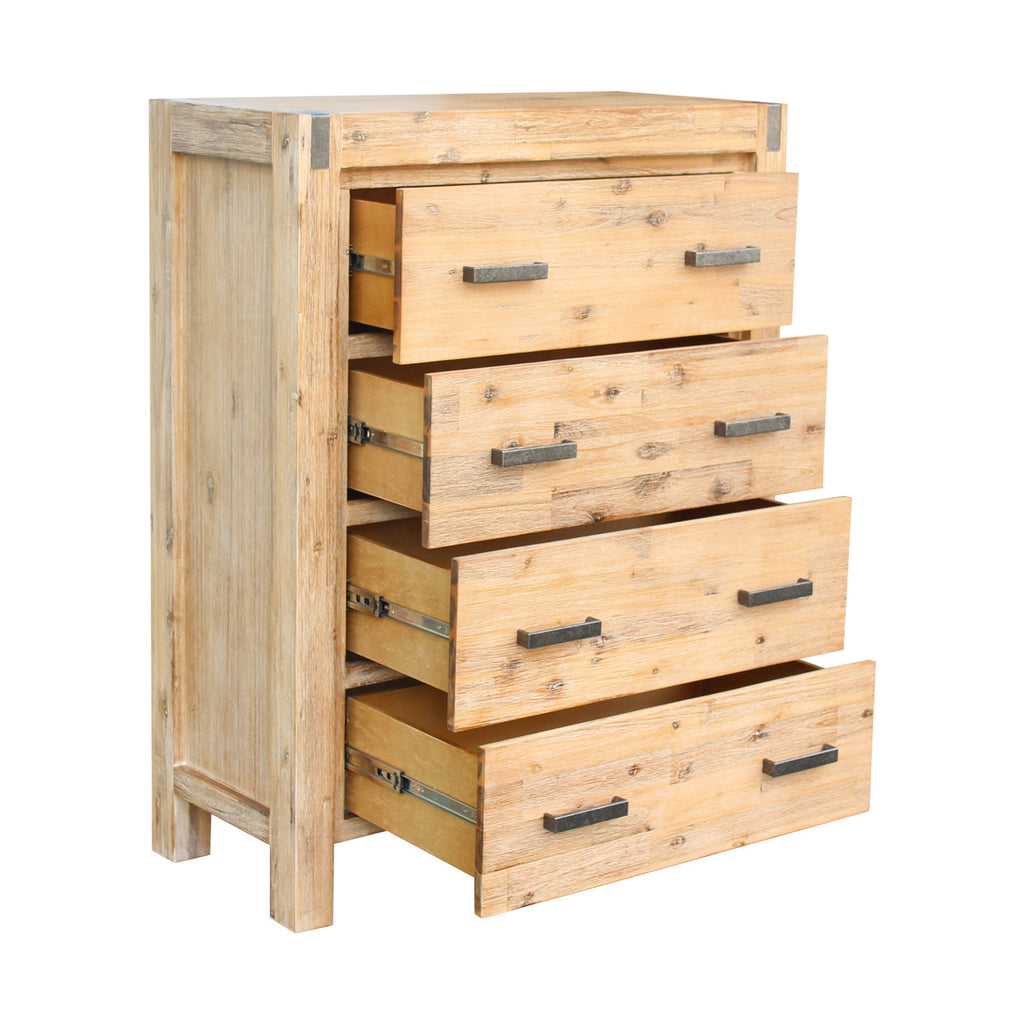 4 Pieces Bedroom Suite in Solid Wood Veneered Acacia Construction Timber Slat Single Size Oak Colour Bed, Bedside Table & Tallboy