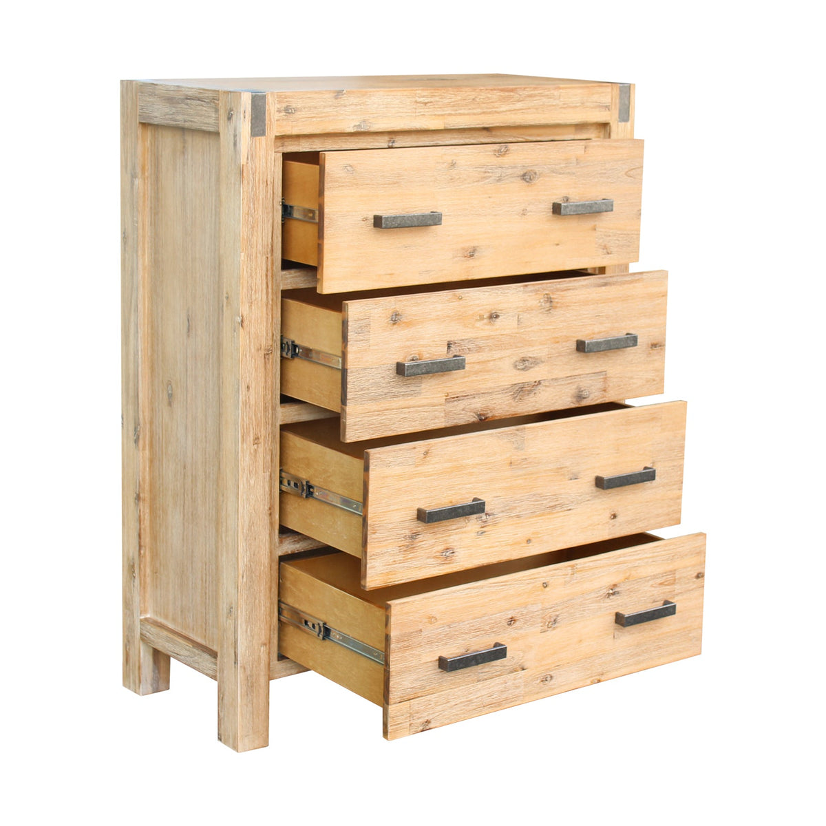 5 Pieces Bedroom Suite in Solid Wood Veneered Acacia Construction Timber Slat King Size Oak Colour Bed, Bedside Table , Tallboy & Dresser