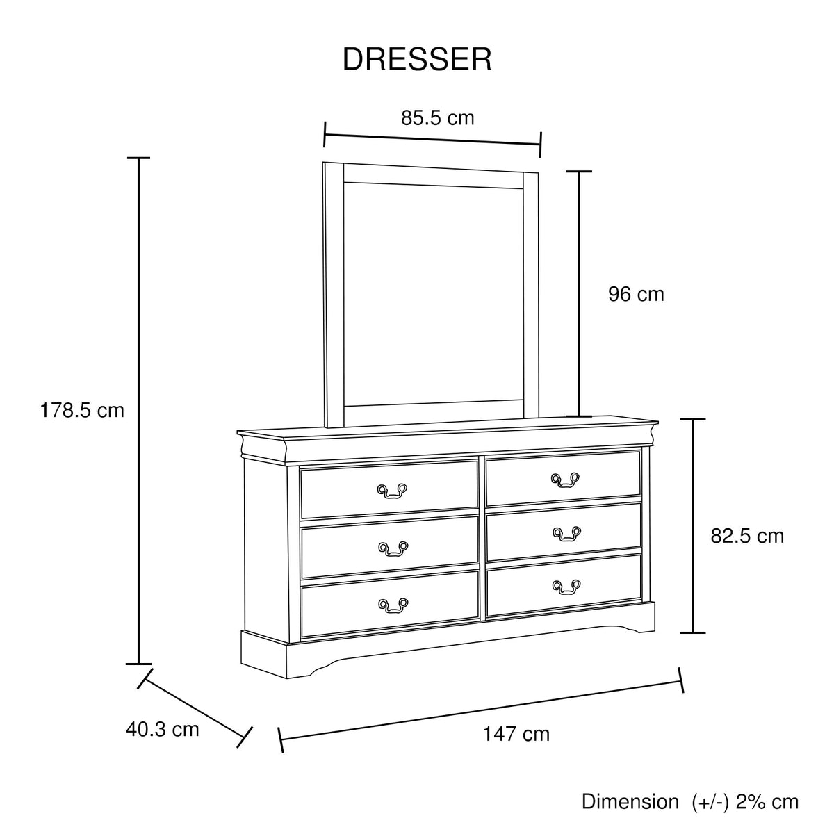 Dressing Chest with 6 Storage Drawers in Solid Wooden Mirror Metal Handles Grey Colour