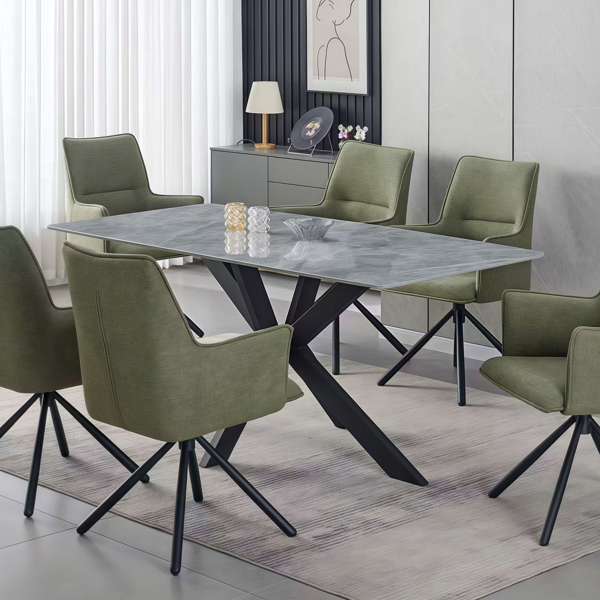 Dining Table Rectangular Shape Grey Sintered Stone Top Powder Coated Iron Legs