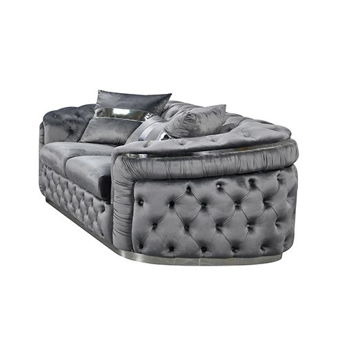 3+2 Seater Sofa Set Grey Velvet Fabric Solid Wood construction Silver Stainless Steel Trim