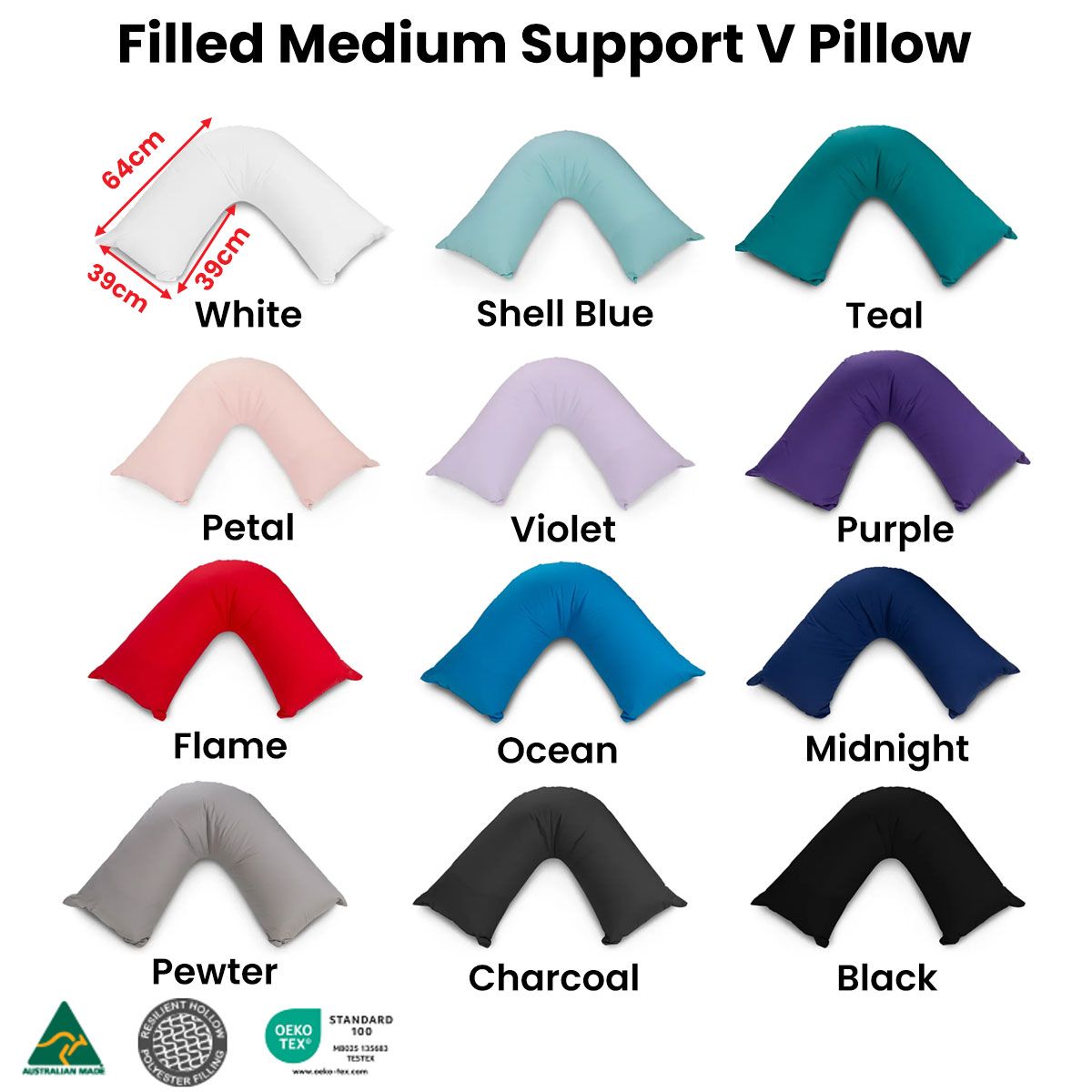 Easyrest Aus Made Medium Support Filled V Shape Pillow 64 x 39 cm Teal