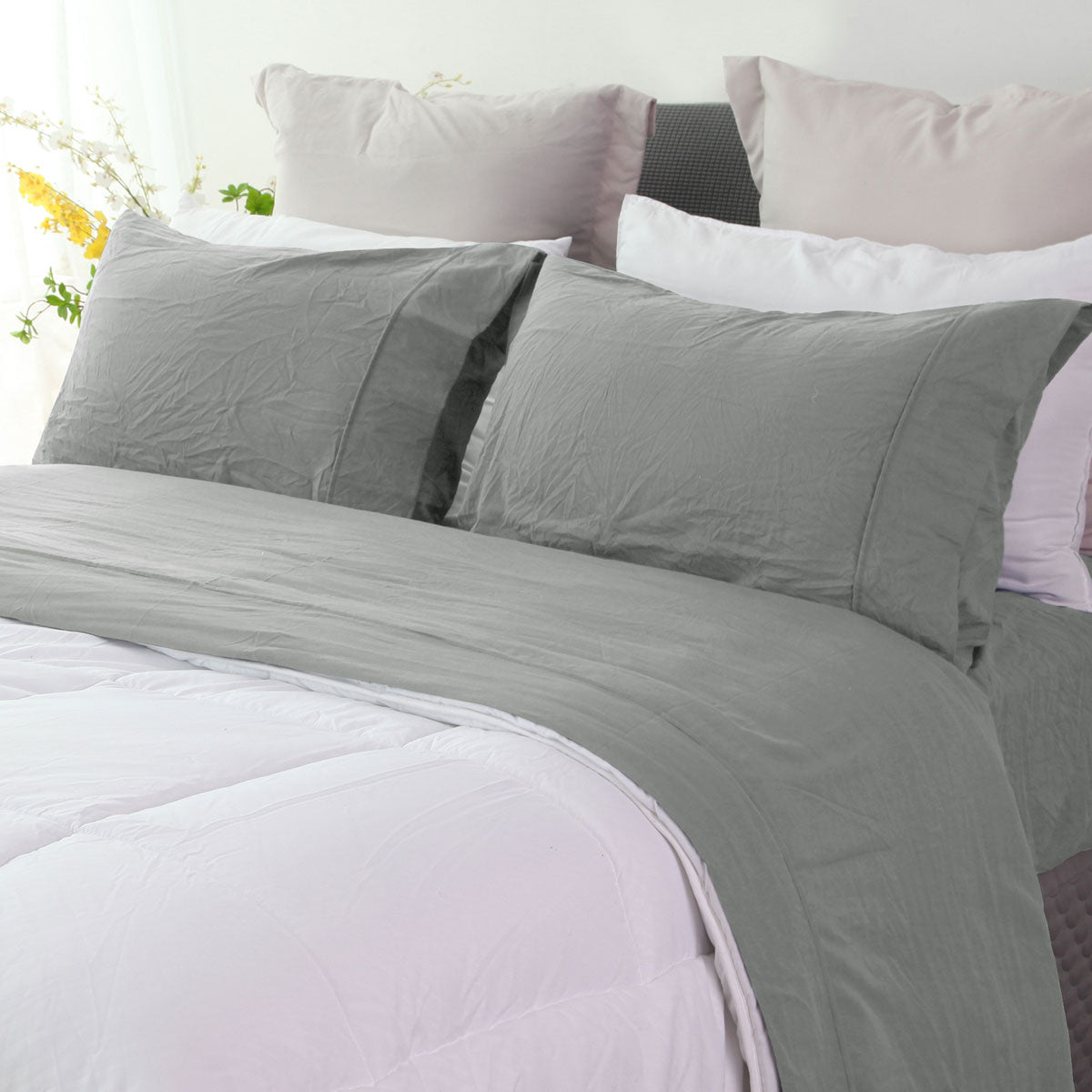 Ramesses Charcoal Pebble Wash Linen Look Alternative Sheet Set Double
