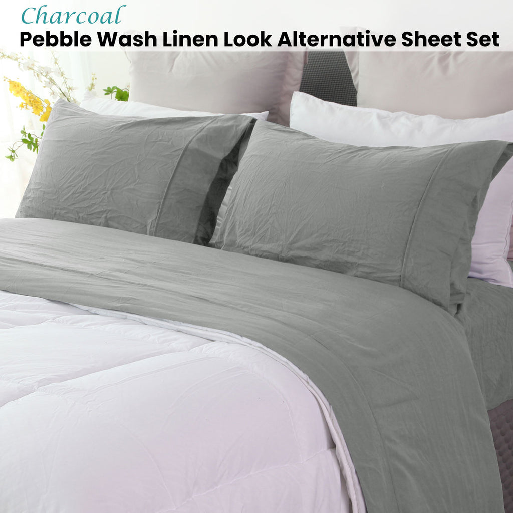 Ramesses Charcoal Pebble Wash Linen Look Alternative Sheet Set Double