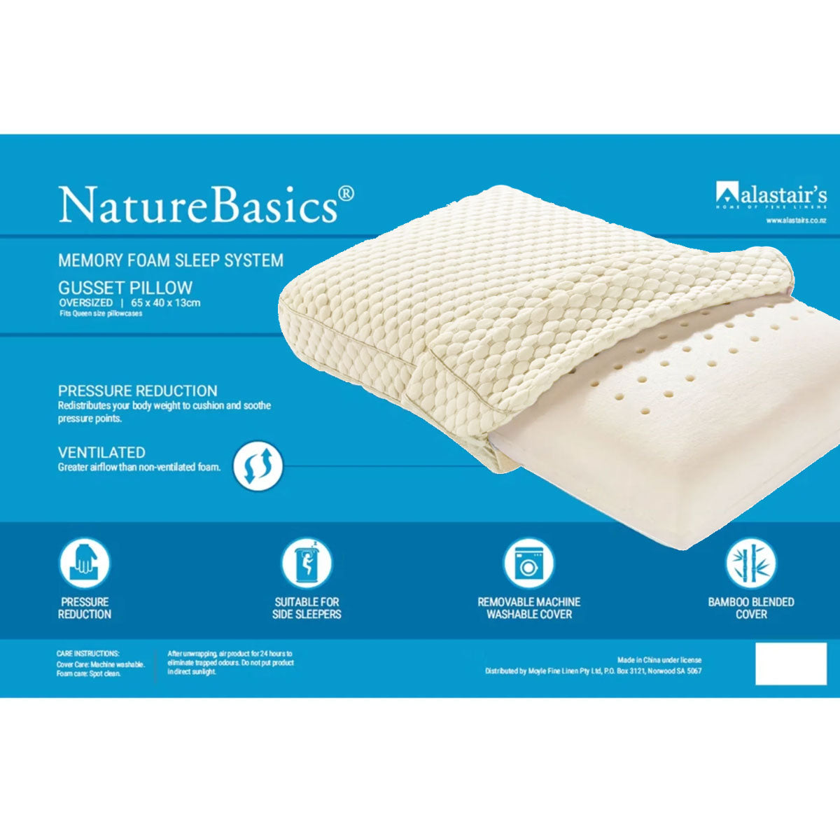 Alastairs Nature Basics Sleep System Memory Foam Gusset Pillow 65 x 40 x 13cm